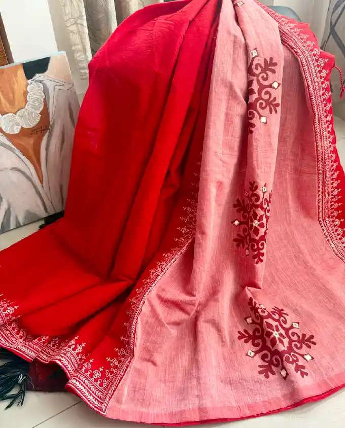 A Puja Collection 2026 Cotton Red Saree# PJ2601 - Image 4