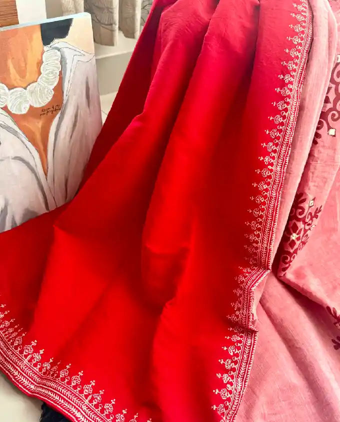 A Puja Collection 2026 Cotton Red Saree# PJ2601 - Image 3