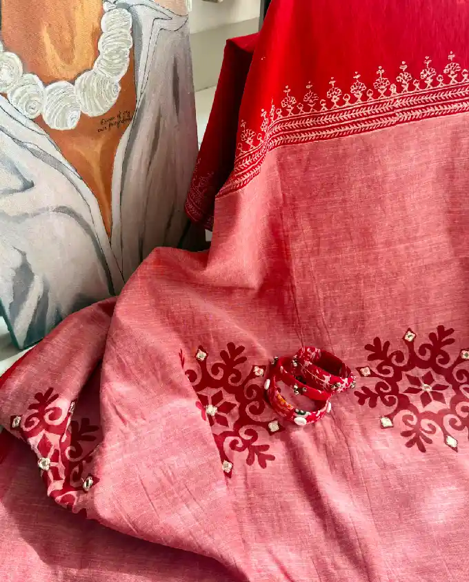 A Puja Collection 2026 Cotton Red Saree# PJ2601 - Image 2